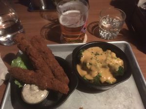 Chick’n strips and Broccoli fondue  at Dirty Vegan in Stockholm