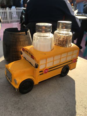 Cute salt and pepper holder shaped like a bus.  at Stacy's Diner in Koege