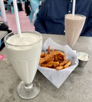 Their vegan milkshakes are amazing! This is vanilla and chocolate. Haven’t tried the strawberry yet but next time. at Stacy's Diner in Koege