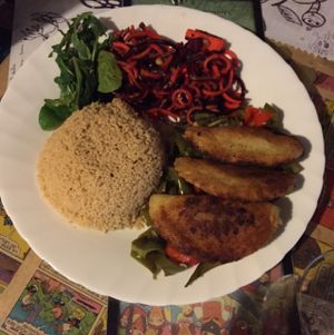 Vegan special. Vegetable pie with carrot/beet salad and couscous.  at Casa da Horta in Porto