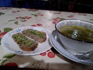"Wild spinach soup" and "Sourdough toasties with rosemary and wild mustard pesto" at Casa da Horta in Porto
