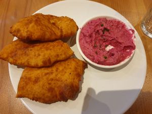 Bhaley starter. Fried bread with chilli hummus dip at Four Friends in Congleton