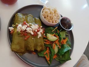 $8.50 Poblano Enchiladas: Wow superb flavor, the dressing for the salad is also nice at Juicery Plus - E Main St in El Paso