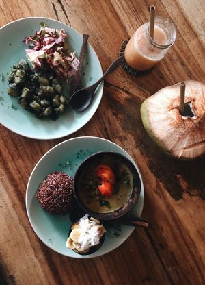 vegan pesto gnocci and curry with red rice at Flowers & Fire in 