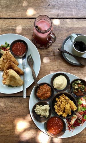 Vegan samosas, vegan mezze plate and watermelon and mint juice.  at Flowers & Fire in 