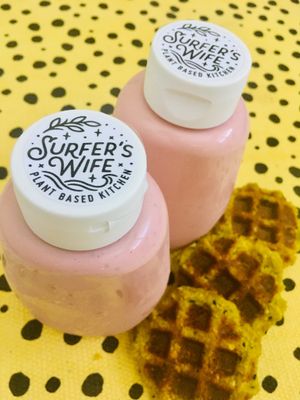 Indian curry fawaffles with beetroot tahini sauce  at Surfer's Wife in Honolulu