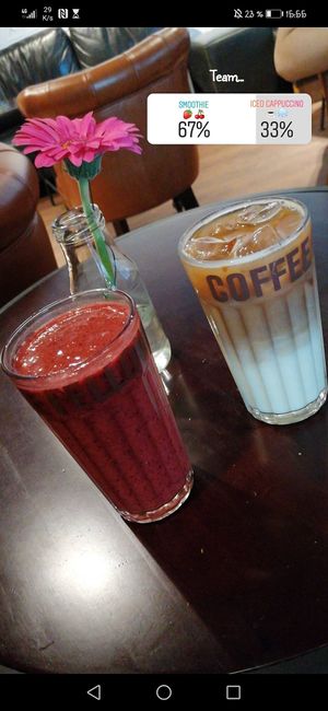 Berry Smoothie and Iced Cappuccino with soy milk at Coffee Fellows - Alexanderplatz in Berlin