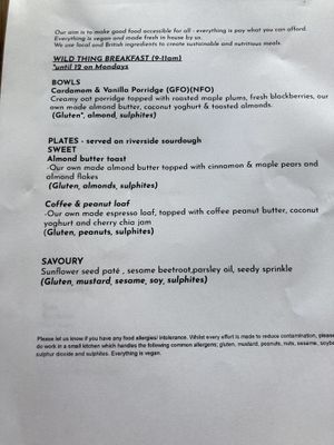 Breakfast menu - varied fortnightly  at Wild Thing in Cardiff