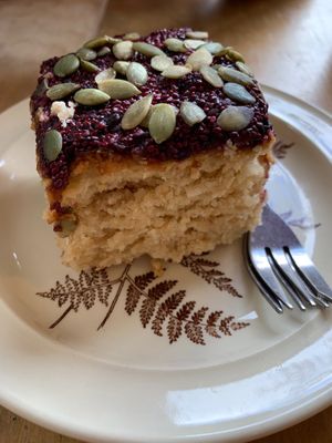 Coconut jam cake with chia and pumpkin seeds at Wild Thing in Cardiff