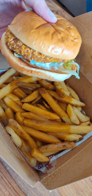 It was very tasty! Chickless burger with katsu chips. I added extra mayo and it was fab! at BRGR in Edinburgh