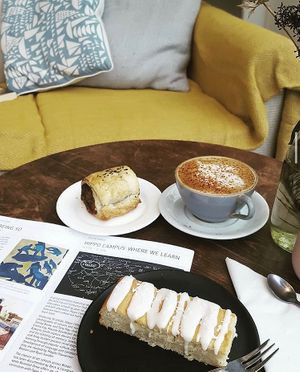 Vegan coconut and lime cake and vegan mushroom sausage roll at The Exchange Cafe in Penzance
