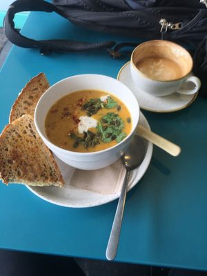 The Cheese with the soup after a coolish bike ride. at Ginger Bees Cafe in Kingston Upon Thames