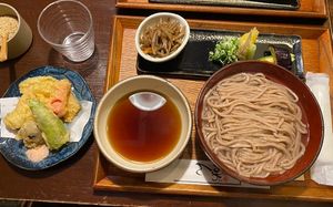 Whole wheat noodles with vegetable tempura   at Omen Nippon in Kyoto