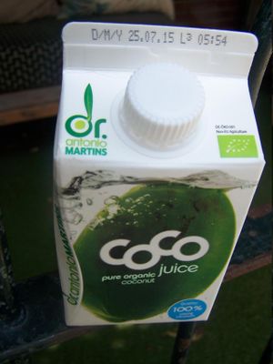 One available item - coconut juice, 3 Euros for 500ml at Superfood Centre at Health Club Jordan in Amsterdam
