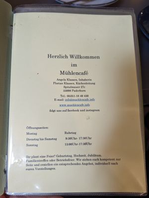 Speisekarte at Mühlencafe in Paderborn