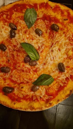 Vegan cheese pizza with added olives! at Olivia Aker Brygge in Oslo