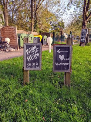 Signs outside at FAIR1-HEiM in Muelheim