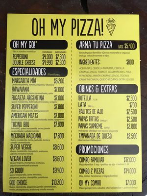 Menu with vegan options at Oh my pizza! - Polcura in Santiago