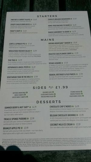 Menu at The Beacon Hotel in Whitley Bay