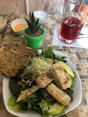 
kale salad, nordic bread, sprouts, chickpea nuggets, passion fruit sauce and pepper. at Herbívoro in Arequipa