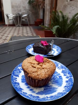 Vegan chocolate and banana brownie + coffee muffin  at Herbívoro in Arequipa
