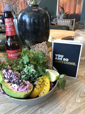 Gluten free beer and specialty salad  at Matcha Bar in Copenhagen