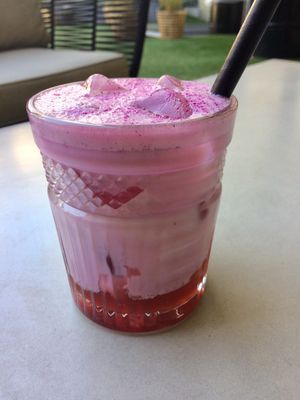 Pitaya and strawberry iced latte at Matcha Bar in Copenhagen