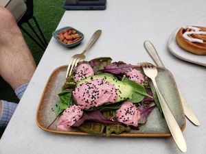 Awesome savory waffles with beets hummus at Matcha Bar in Copenhagen