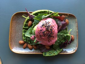 Green savory waffle  at Matcha Bar in Copenhagen