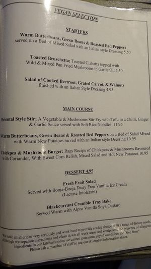 Vegan menu at Rags in Bridlington
