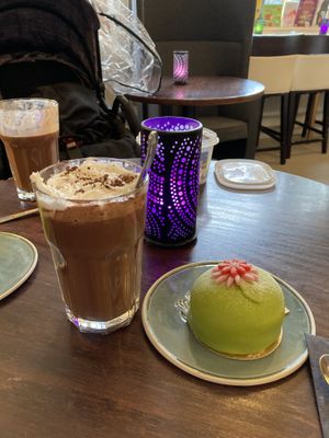 Princess cake and hot chocolate  at Green Praline in Farsta