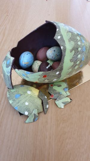 Chocolate Easter egg filled with pralines, all vegan at Green Praline in Farsta