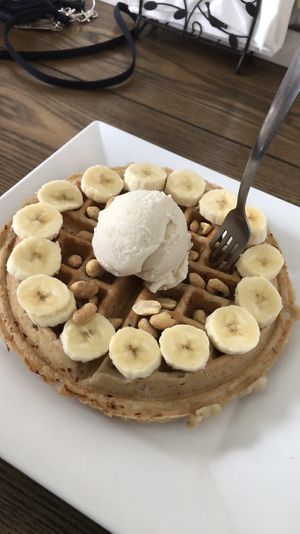 vegan banana split waffle at The Buzz Coffee & Cafe in Plymouth