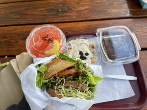 vegan nut burger, potato salad, and brownie with strawberry lemonade   at Sunflower Drive-In in Fair Oaks