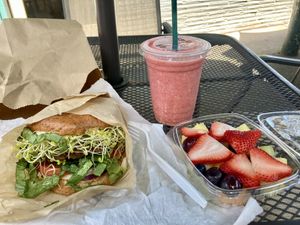 Nutburger, smoothie, and small fruit salad 😋   at Sunflower Drive-In in Fair Oaks