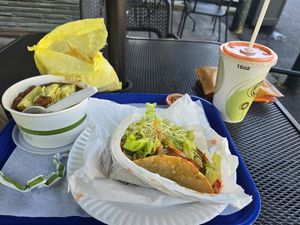 Nutty taco, side of beans and fresh carrot juice! at Sunflower Drive-In in Fair Oaks
