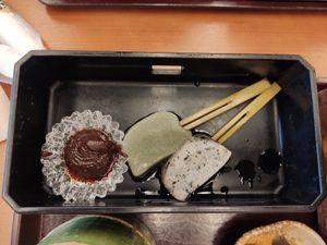 Gelatinous lollipop things at Saga Tofu Ine (Main Branch) 嵯峨とうふ 稲 本店 in Kyoto