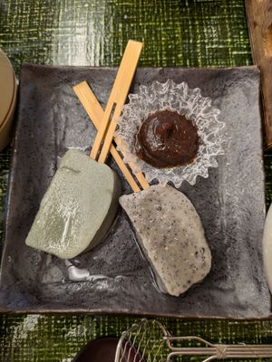Neutral tasting gelatinous shapes at Saga Tofu Ine (Main Branch) 嵯峨とうふ 稲 本店 in Kyoto