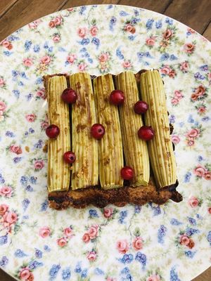 Rhubarb tart at Molybagert Végétale Normandie  in Trouville-sur-mer
