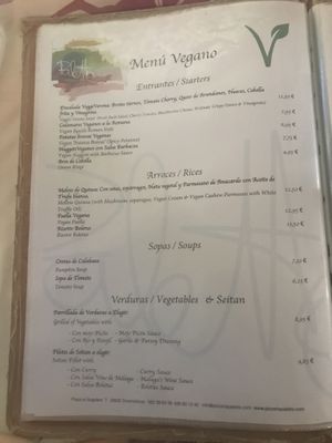 Vegan menu at Palette in Torremolinos