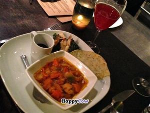 Marina d'Chioggia Squash-Chantennay Carrot-Celery Root-Ber Ber Ragout with Nigella Dosa, Evergreen Huckleberry-Urfa Biber Chutney, Grilled Abalone Mushrooms and Steamed Kale at Sutra in Seattle