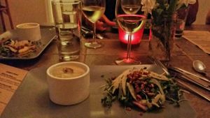 Potato leek soup with micro greens at Sutra in Seattle