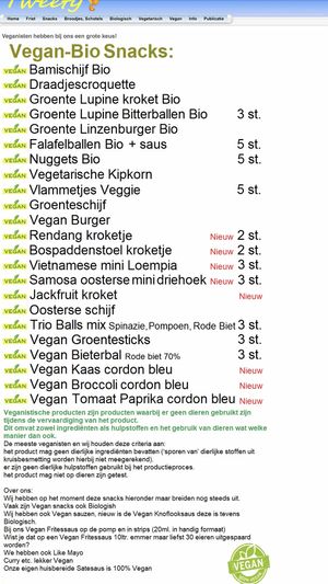 Separate vegan menu at Cafetaria Tweety in Nijmegen