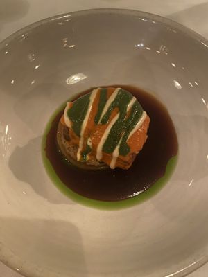 Eggplant, tomato and 3 sauces on top  at FREA in Berlin