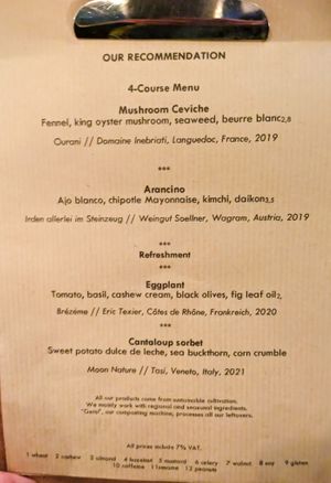 Menu page at FREA on the night I dined there at FREA in Berlin