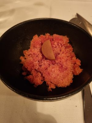 Hagebutten Granita mit pickled Apfelscheibe at FREA in Berlin