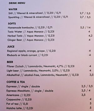 Drink menu at FREA in Berlin