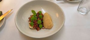 Cauliflower
Mangold, chickpea miso and almond cream, pepper breadcrumbs,
black garlic, Thai basil at FREA in Berlin