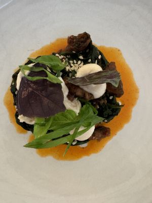Spinach & XO, sesame sour cream, shiitake, cabbage, kombu —recommend   at FREA in Berlin