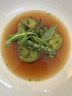 Green pea Knödel, spring herb dashi  at FREA in Berlin